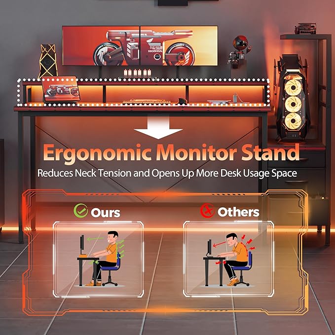 Mericonia Gaming Desk with Power Outlets &amp LED Lights Reversible Computer Desk with PC Case Stand Fabric Drawers Modern Office Desk with Shelves Monitor Stand
