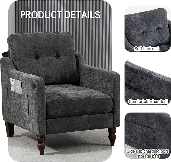 Ball &amp Cast Mid-Century Accent Chair for Living RoomReading Chair for Bedroom with USB Ports&ampSide PocketModern Accent Arm Chair W/Wide Backrest&ampRetro Wood LegsChenille Upholstered Comfy