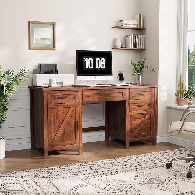 VOWNER Executive Desk with File Drawer Farmhouse Office Desk with Charging Station Computer Desk Workstation for Home Office Walnut