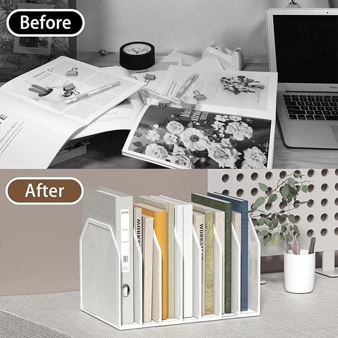 Metal 7 Section File Folder Organizer for Desk | Vertical Office File Holder | Heavy-Duty Mesh Document Sorter for Books Binders Laptops | Desk Organizer7 Sections White
