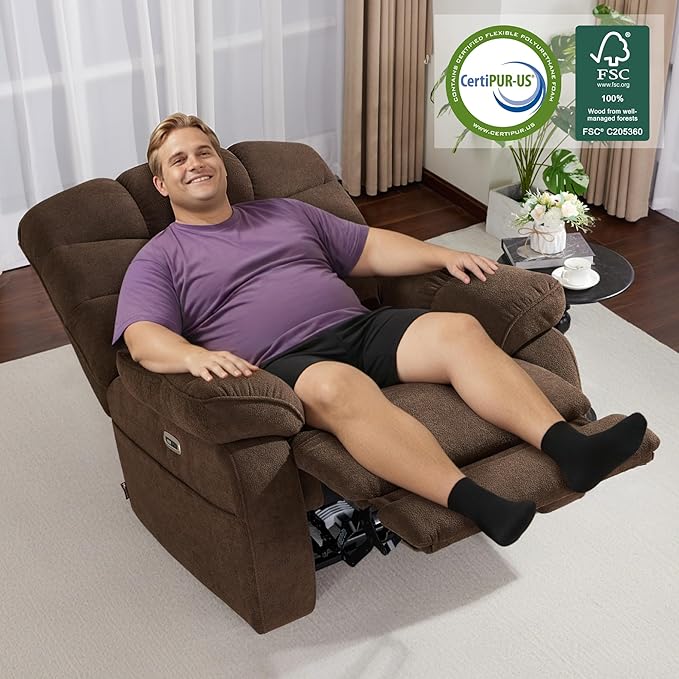 MCombo 27'' Oversized Recliner Power Recliner Chair for Big and Tall Zero Gravity Recliner with USB Charge Ports Side Pockets for Living Room Fabric PR677 (Coffee)