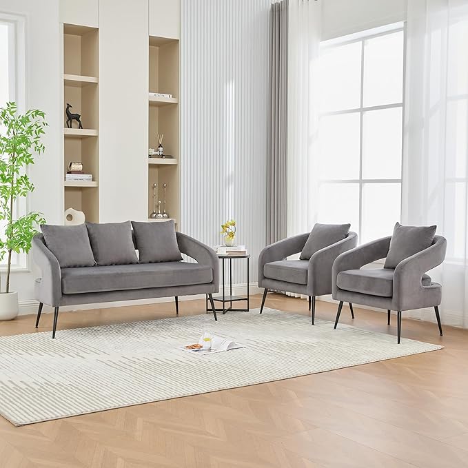 3-Piece Modern Minimalist Style Sofa Set with Metal LegsOpen Back Sofa Conversation SetLoveseat Couch &amp 2 Accent Chair for Living RoomBedroomOfficeReceptionCharcoal