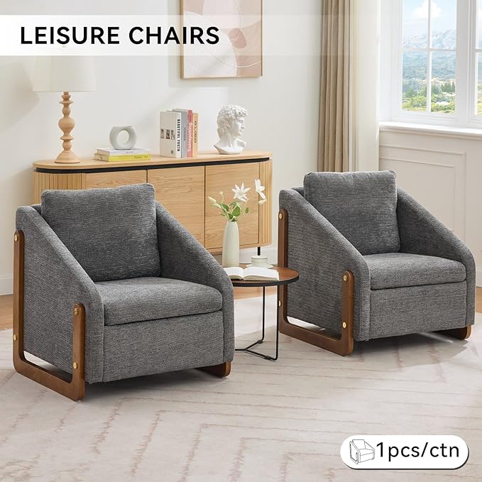 Chenille Accent ChairSingle Sofa Chair with Tilted ArmrestCozy Reading Chair for BedroomLiving Room Chair with Cushioned Backrest and Seat Holds up to 250lbs (Gray)