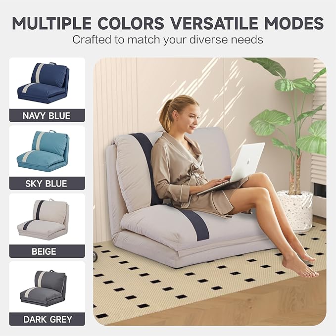 Folding Sofa Bed Human Dog Bed for Adult with 6-Position Adjustable Backrest Metal Frame &amp Handle Lazy Floor Lounger for Living Room Bedroom Apartment Beige