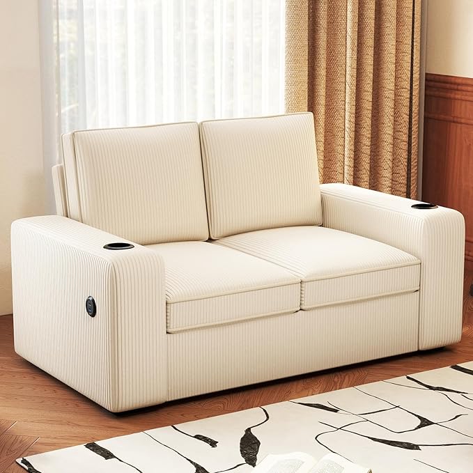Furnimart 58 Wide Plush Loveseat 2-Seater Sofa with Dual-Port USB Charger &amp Cup Holders Corduroy Fabric Modern Accent Couch for Small Spaces Apartment Living Room(Corduroy-Beige)