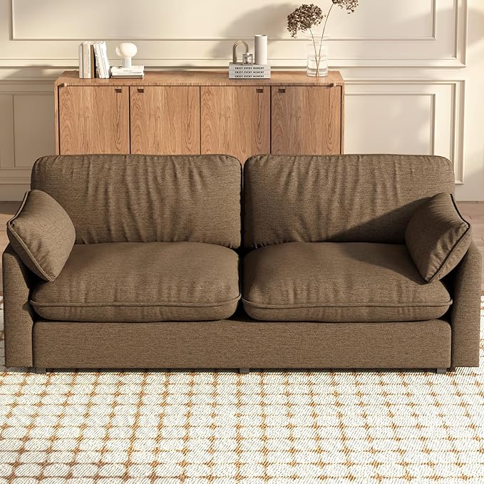 2 Seats Brown Sofa 82.67 Extra Large Comfy Loveseat Deep Seat Sofa Bed with 2 Pillows &amp Armsrest for Living Room Durable Modern Farmhouse Home Sofa Couch