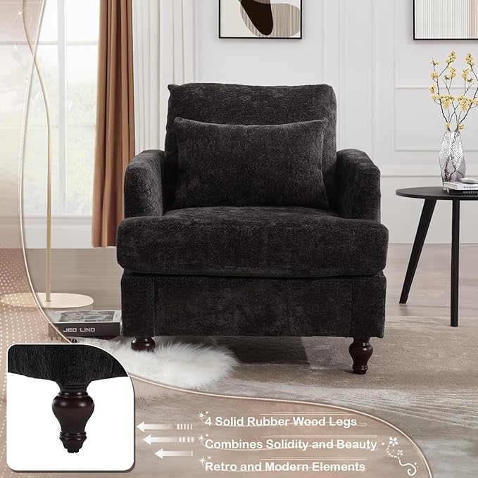 KINFFICT Modern Accent Chair for Living Room Upholstered Single Sofa Chair with Lumbar Pillow Comfy Armchair with Thickened Cushion Living Room Chairs for Bedroom Office Black Chenille