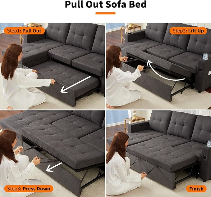 IDEALHOUSE Couches for Living Room 84'' Sofa Bedl-Shaped Sectional Sleeper Sofa with Pull Out BedReversible Storage Chaises Hidden Storage ArmrestsCup Holders &amp USB Charging Ports