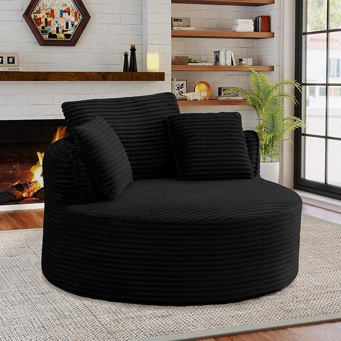 Antetek 53-inch Round Chaise Lounge Chair Indoor Modern Cloud Single Corduroy Couch with 3 Pillows Boneless Compressed Memory Foam Sofa Chair for Living Room Bedroom Apartment Black