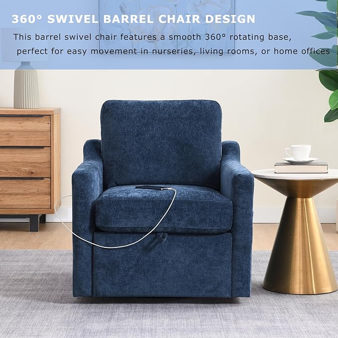 30 Oversized Swivel Barrel Chair – Chenille UpholsteredComfy Reading Arm Chair with USB Charging &amp Under-Seat Storage360° Rotating Accent Chair for NurseryLiving Room &amp Office (Navy Blue)