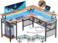Unikito L Shaped Desk with LED Light and Power Outlet Reversible Corner Computer Table with Monitor Stand and Storage Shelf Modern L- Shaped Gaming Desk Ergonomic Home Office Desk Rustic Brown