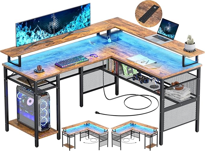 Unikito L Shaped Desk with LED Light and Power Outlet Reversible Corner Computer Table with Monitor Stand and Storage Shelf Modern L- Shaped Gaming Desk Ergonomic Home Office Desk Rustic Brown