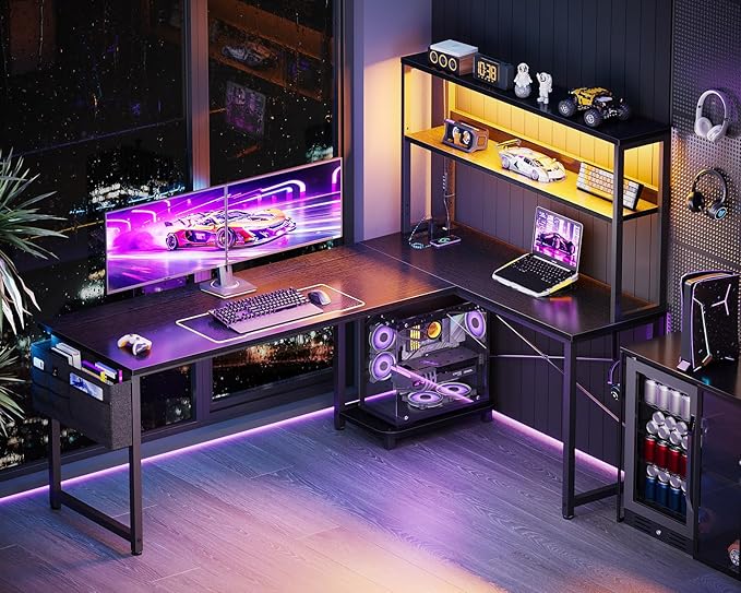 ODK 61 Inch L Shaped Desk with LED Lighting Reversible Gaming Desk with Power Outlets Cornor Computer Table with Storage Shelves &amp Bag &amp Iron Hook Home Office Table for Writing Study Blac