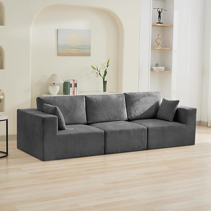115'' Comfy Boneless Couch Upholstered Deep Seat Modular Cloud Sofa No Assembly Corduroy Compression 3 Seater Sofa Couch for Living Room Grey