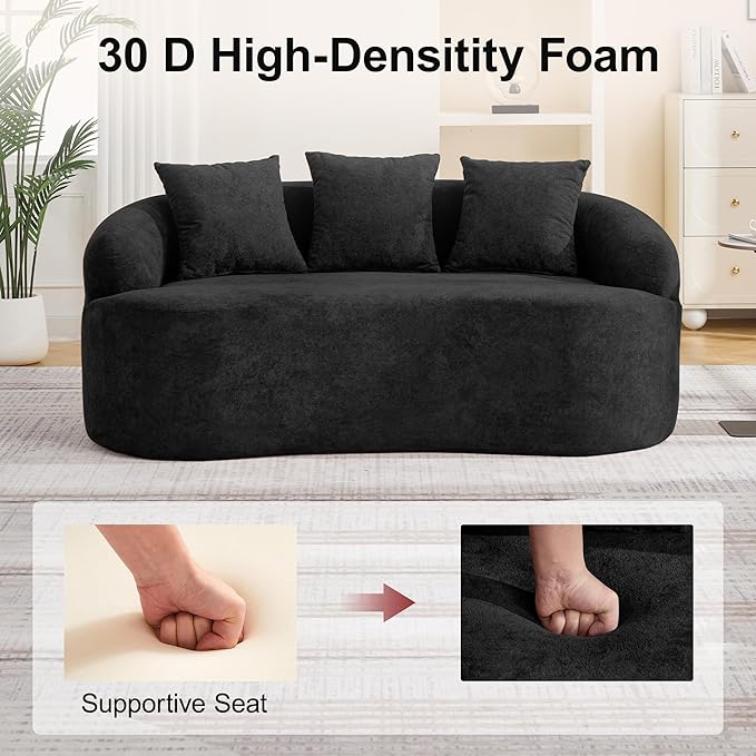 65 Boneless Curved Loveseat Sofa Deep Seat Love Seat Couches Modern 2 Seater Curved Couch with 3 Throw Pillows Compressed Floor Sofa for Living Room Small Spaces No Assembly Black