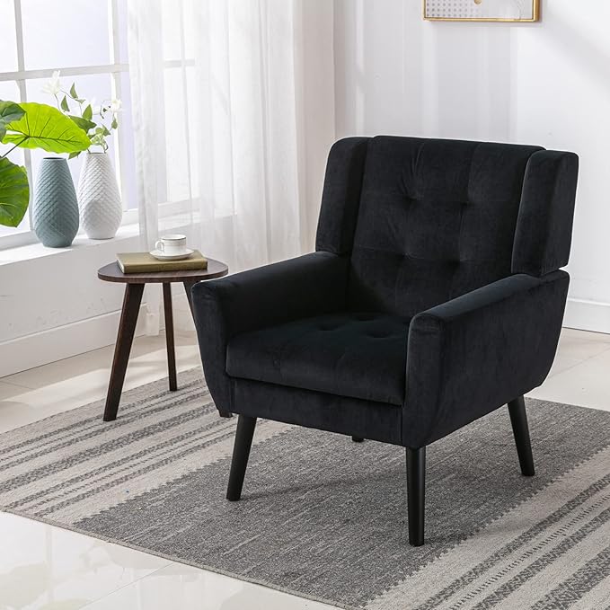 Dolonm Midcentury Modern Velvet Accent Chair with Arms Upholstered Reading Side Chair Tufted Back Decorative Wingback Chair for Living Room Bedroom (Black)