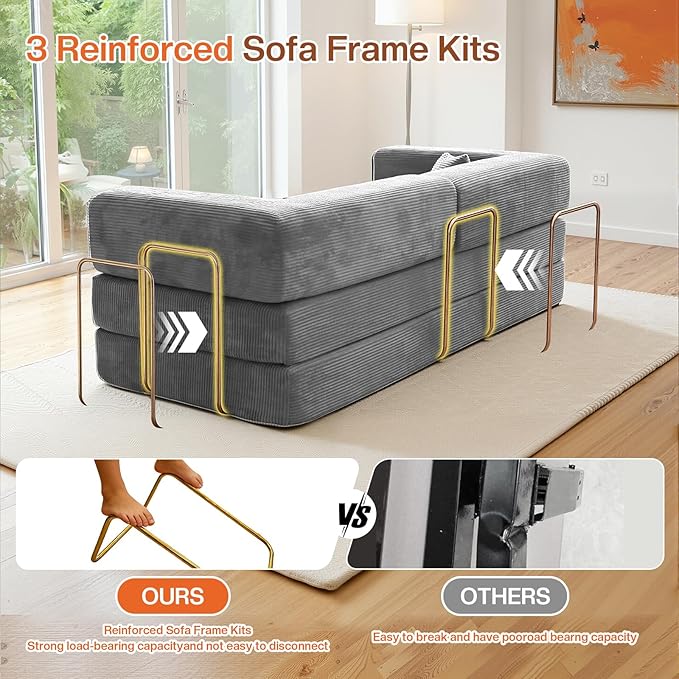 79 Inch Convertible Sofa Bed Couch in Box 5 in 1 Folding Modular Boneless Couch with Pull Out Bed 2 Pillows Soft Corduroy Floor Futon Lounge Loveseat Sleeper Lazy Cama No Assembly Light Grey