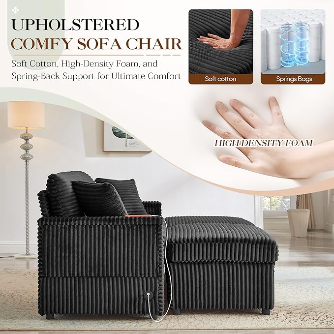 68 Cloud Loveseat with Ottoman Set USB Ports &amp Storage Wooden Side Table Comfy Plush Corduroy Upholstered Love Seat Modern Oversized Deep Seated Grey Sectional for Living Room Black