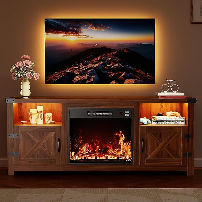 YESHOMY LED Fireplace TV Stand with Mood Lighting TV Cabinet with Open Shelf Farmhouse Media Console with Hidden Cable Routing Entertainment Center for Televisions up to 65+ Inch Walnut