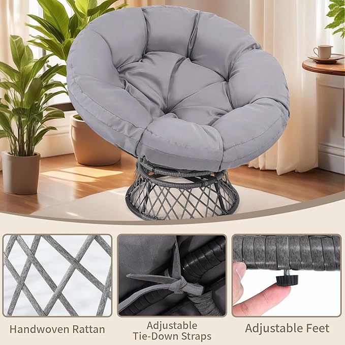 46 Giant Oversized Rattan Papasan Chair with Cushion and Frame for Adults Fluid 360° Swivel Waterproof Grey Frame with Light Grey Cushion