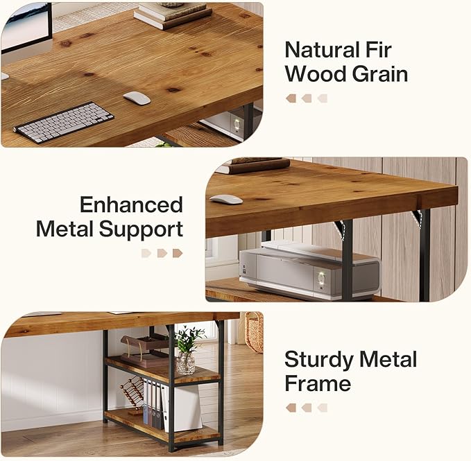 Tribesigns 71-Inch Solid Wood Long Desk with Shelves Industrial Home Office Desk Large Executive Office Computer Table Writing Gaming Workstation for Office Living Room Light Brown &amp Black
