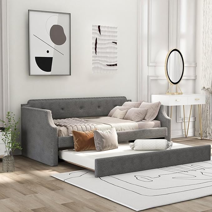 Gray Linen Upholstered Daybed with Trundle Twin Sofa Bed with Wood Slat Support French Country Style for Living Room or Guest Room