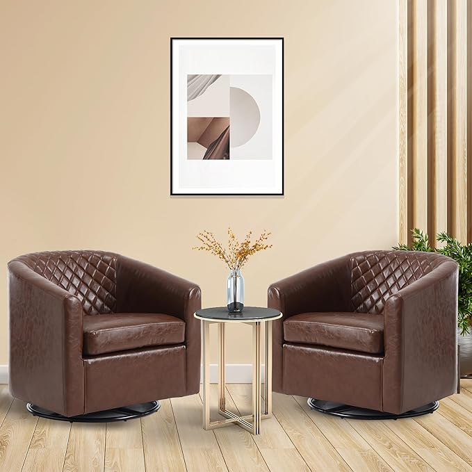 Swivel Gilder - Modern Round Armchair 360 Swivel Leather Barrel Club Chair for Living Room Bedroom Office (Brown)