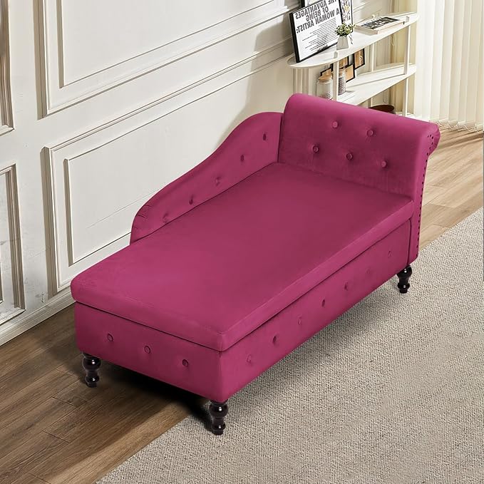 Upholstered Chaise Lounge with Right Armrest &amp Lumbar PillowButton Tufted Lounge Sofa with StorageLounge Chair IndoorModern Velvet Lounge Chair for Bedroom Living Room and OfficeFuchsia