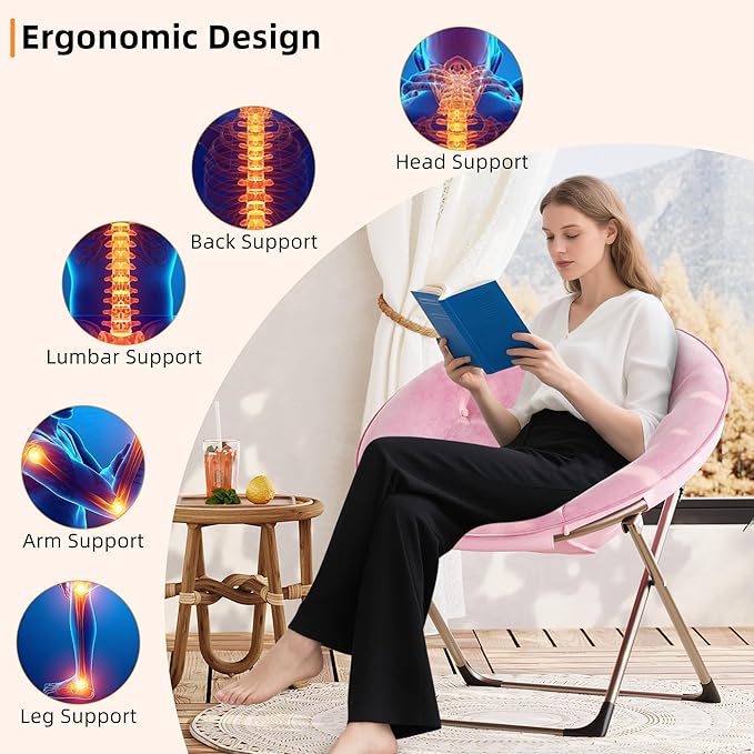 Garvee Saucer Chair Comfy Chair Faux Fur Lounge Moon Chair with Folding Metal Frame Oversized Plush Foldable Flower Accent Seat for Adults Teens Bedroom Dorm or Living Room(1PCS Pink)