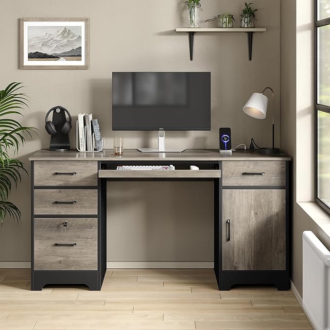 59” Executive Desk with 3 Drawers Computer Desk with Storage Cabinet Industrial Wood Desk with File Drawer Keyboard Tray &amp Power Outlets for Home Office Gray