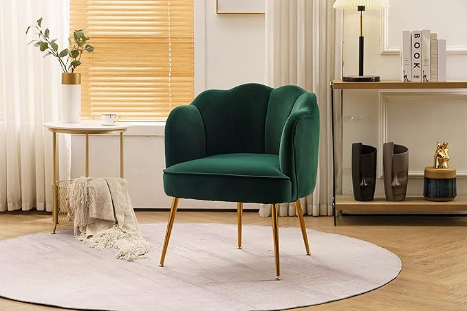 Shell Shape Velvet Fabric Armchair Accent Chair with Gold Legs for Living Room BedroomDark Green