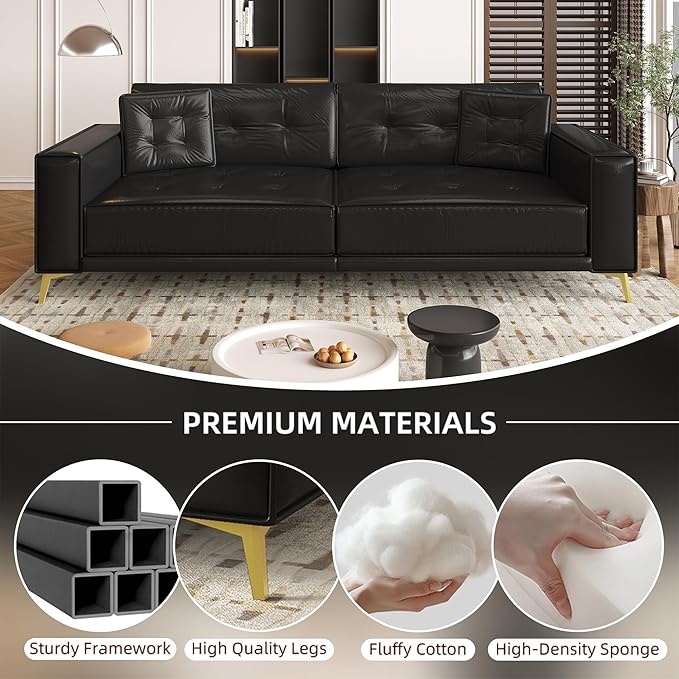 92.1'' King Pull out Sofa Bed Convertible Futon Couch 3-in-1 Faux Leather Sleeper Sofa with Tufted Back 2 Pillows Gold Legs Deep Folding Loveseat Couches for Living Room Apartment Black