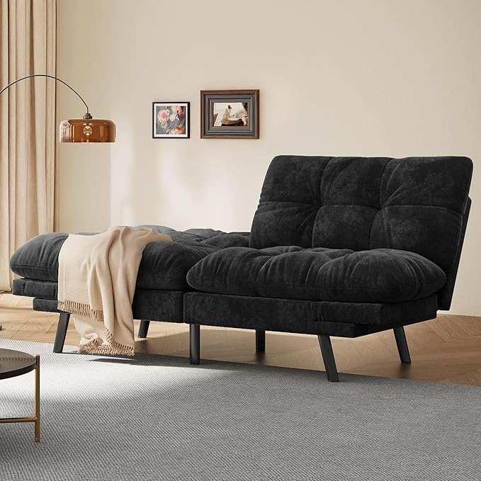 DWVO Sofa Bed with 3-Position Adjustable Backrest &amp Armrests Upholstered Loveseat Couch Bed Expandable Foldable Design for Living Room Bedroom Black