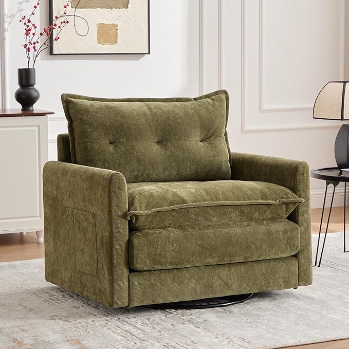 Swivel Accent Chair Set of 2 Modern Swivel Barrel Chair for Living Room 360 Degree Comfy Square Accent Barrel Chair Upholstered Sofa Armchair for BedroomReading Chenille Olive Green