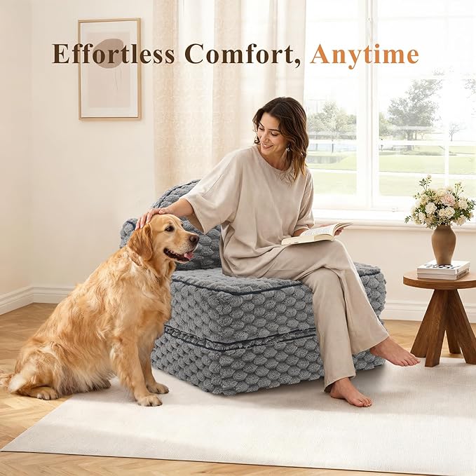 Folding Sofa Bed 3-in-1 Convertible Sleeper Chairs with PillowBack Support Fuzzy Fabric Floor Couch Bed for Adults Boneless Couches Living Room Bedroom Apartment Grey