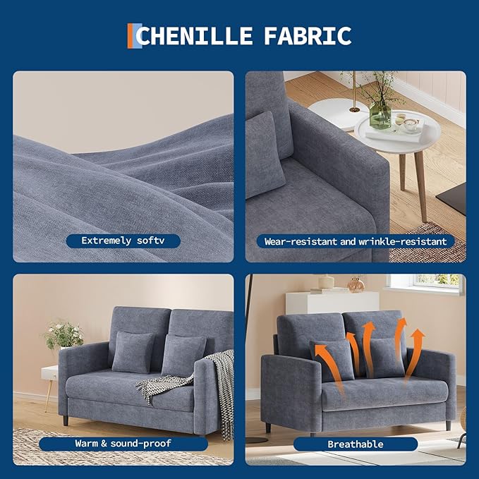 Loveseat Sofa 52 Mid Century Modern Love Seat for Small Spaces Wood Frame Tool-Free Assembly Comfy Sofa for Bedroom Living Room Apartment（Blue Gray）