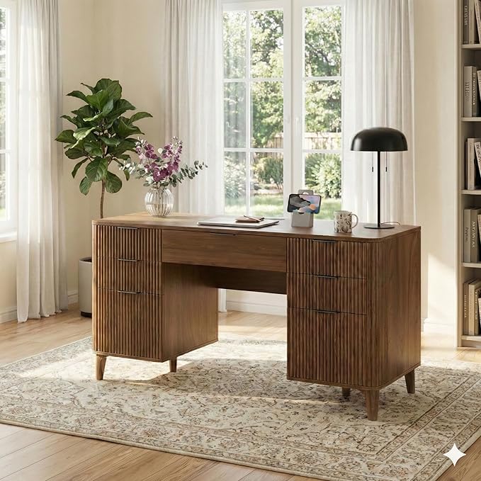 Walnut Desk with Drawers 55 Fluted Executive Desk with Storage Cabinet Wood Home Office Desk with File Cabinet Modern Computer Writing Desk for Study Living Room Bedroom