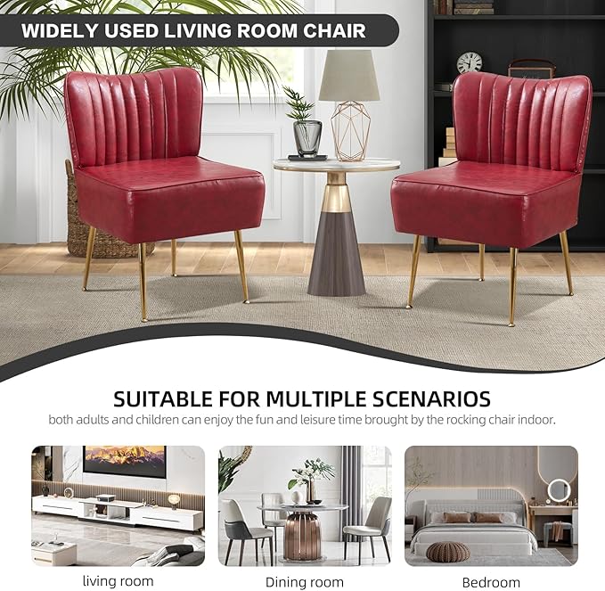 PU Leather Armless Accent Chair Set of 3Modern Comfy Living Room Slipper Chairs with Golden LegsUpholstered Single Sofa Wingback Side Corner Chair for BedroomSmall SpaceWine Red