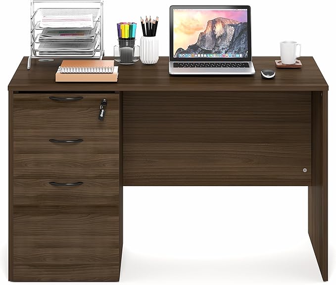 Furinno Roger 47 Inch Executive Desk with File Cabinet Home Office Desk with 3-Drawer Fixed Pedestal Filing Cabinet Desk Cord Grommet for Home Office Modern Walnut