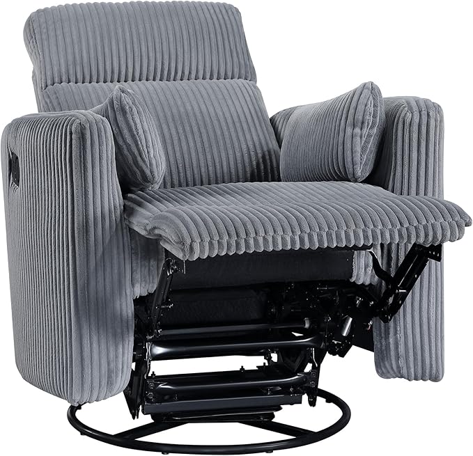 Lexicon Modern Swivel Glider Recliner Chair Nursery Glider Corduroy Fabric Upholstery Recliner with 2 Lumbar Pillows Manual Reclining Sofa Chair for Living Room/Office/Apartment Grey