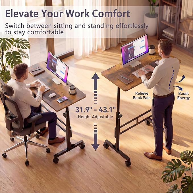 YESHOMY Standing Desk Adjustable Height 32 Inch Small Portable Rolling Desk with Wheels Cup Holder Tablet Upright Groove for Office Sofa Bedroom Rustic Brown
