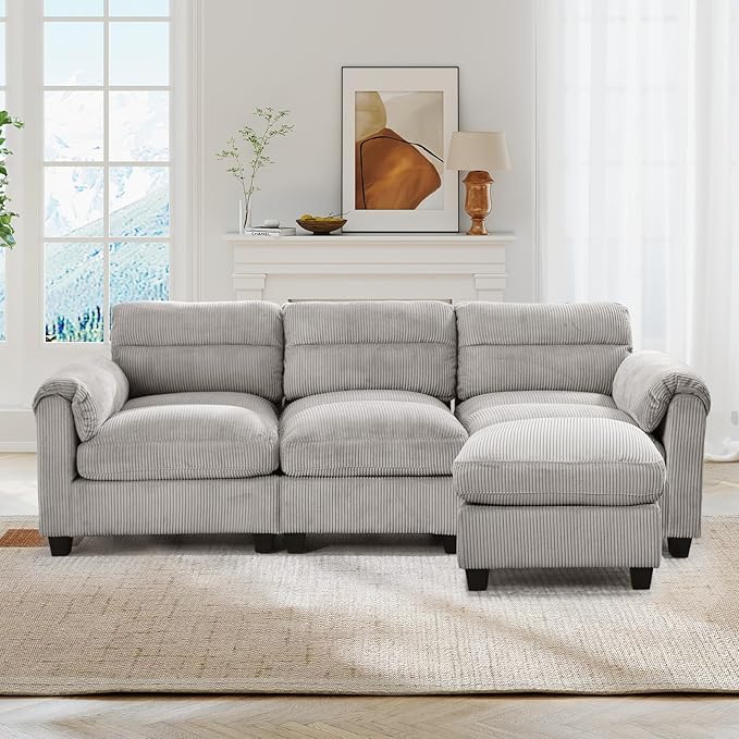 90 Wide Modular L Shaped Sofa Couch with Movable Ottoman Convertible Corduroy Sectional Couches with Reversible Chaises and Rolled Arm for Living Room Grey