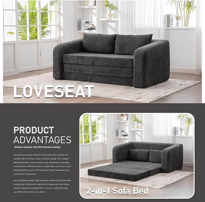 Grey Cloud Loveseat Sofa - 71 Convertible Folding Sofa Bed Chenille Boneless Floor Lounge Couch with Armrest &amp Backrest Pillows No Assembly Pull Out Sleeper for Bedroom Living Room (Grey 71 W