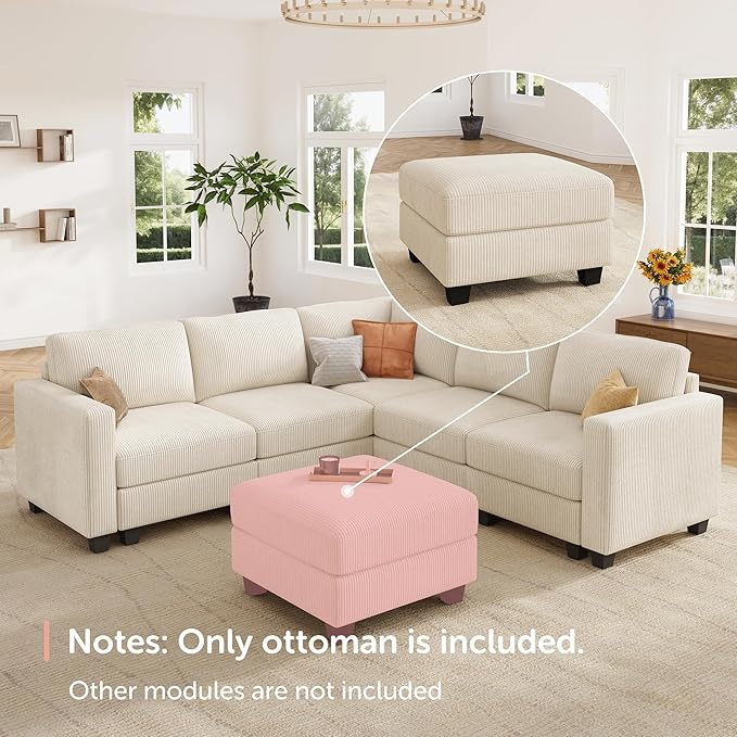 HONBAY Modern Corduroy Ottoman Module Sofa 28.4 Inch Square Ottoman Bench with Storage Beige