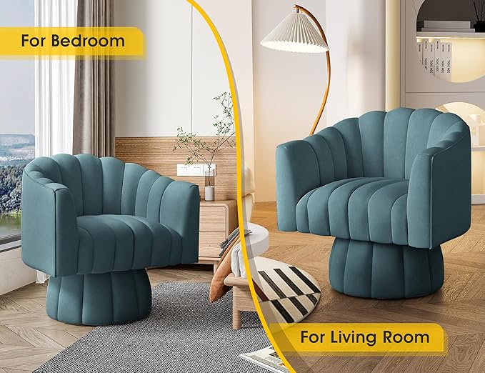 Accent Chair Mid Century 360 Degree Swivel ChairModern Lounge Sofa Round Barrel Chair with Wide UpholsteredFluffy Velvet Fabric Chairs for Home Sofa Living Room/Bedroom/Waiting Room (Blue)