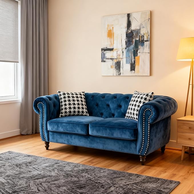 Loveseat Velvet Fabric Two- Seater Couch Buckle Design and Rivet Decoration Deep Seated Double Sofa Suitable for Living Room Bedroom Apartment Hotel etc (blue-01)