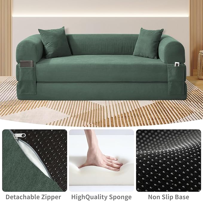 KBQ 3-Seat Convertible Sleeper Sofa Bed with 2 Pillows Corduroy Folding Mattress Couch Floor Sofa Lounge Couch for Living Room Bedroom Lounge Studio Light Green