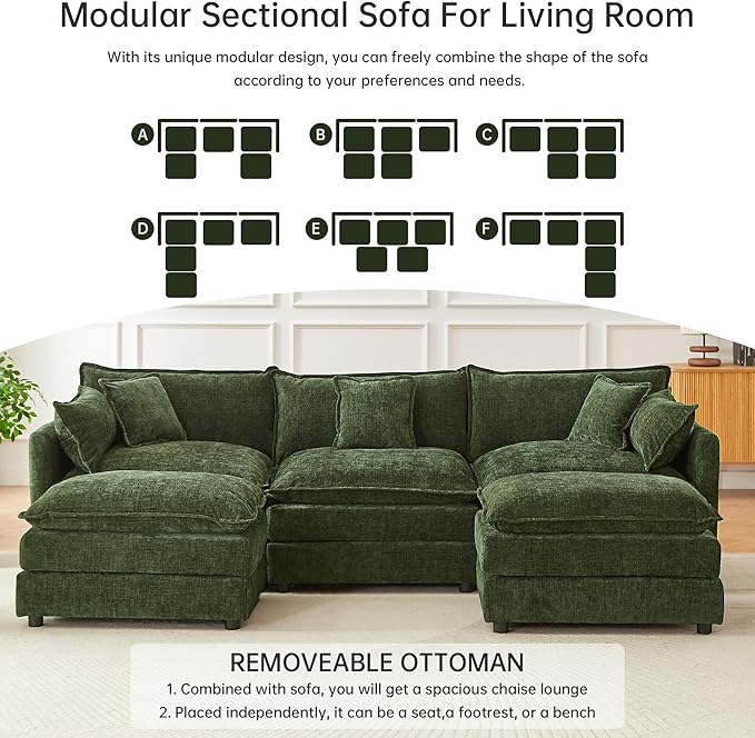 Modular Sectional Sofa 112.2 Inch U Shaped Couch Set with Armrests 3-Seater Comfy Cloud Couches with Movable Ottoman for Living Room Apartment Green