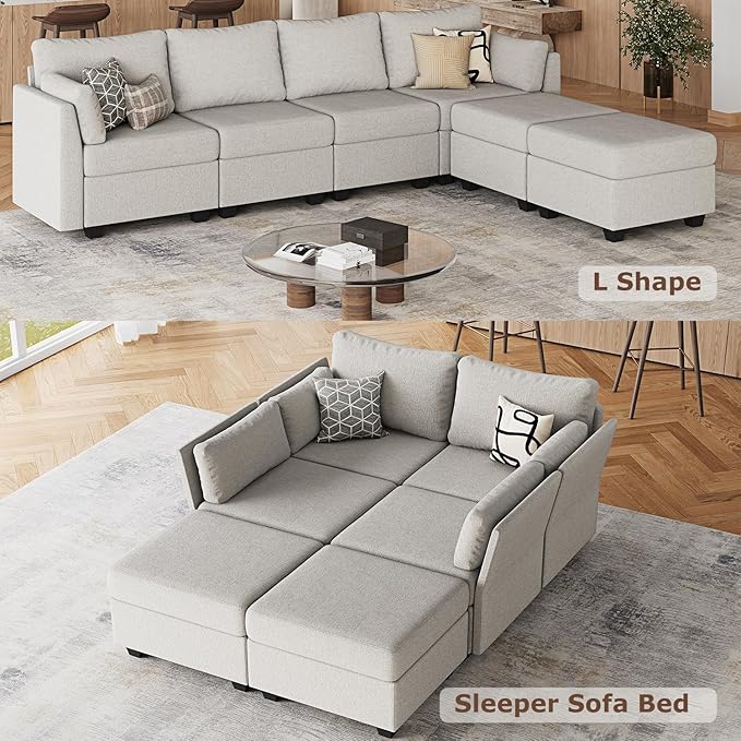 114.17 Modular Sectional Sofa 6 Seat Sectional Couches with Storage Memory Foam Convertible Modular Couch for Living Room U Shaped Comfy Modular Sofa with Chaise Light Grey
