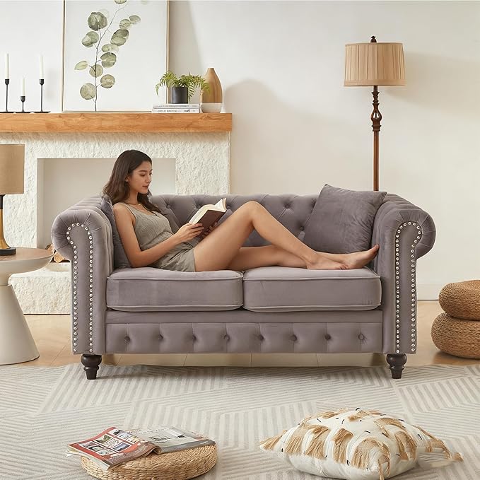 2 Piece Mid Century Modern Couch Set Retro Button Tufted Chesterfield Sofa muebles para la sala Comfy Deep Seat Upholstered Office Furniture Living Room Sofas Set (Grey Velvet Couch and Loveseat)